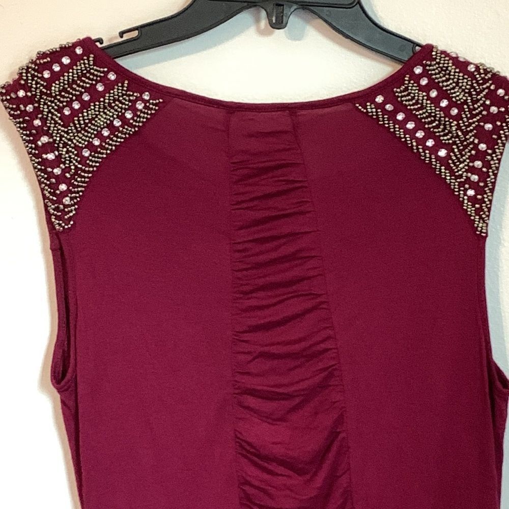 Women’s Burgundy Red Beaded Short Sleeve Mini dress Long Top Tunic